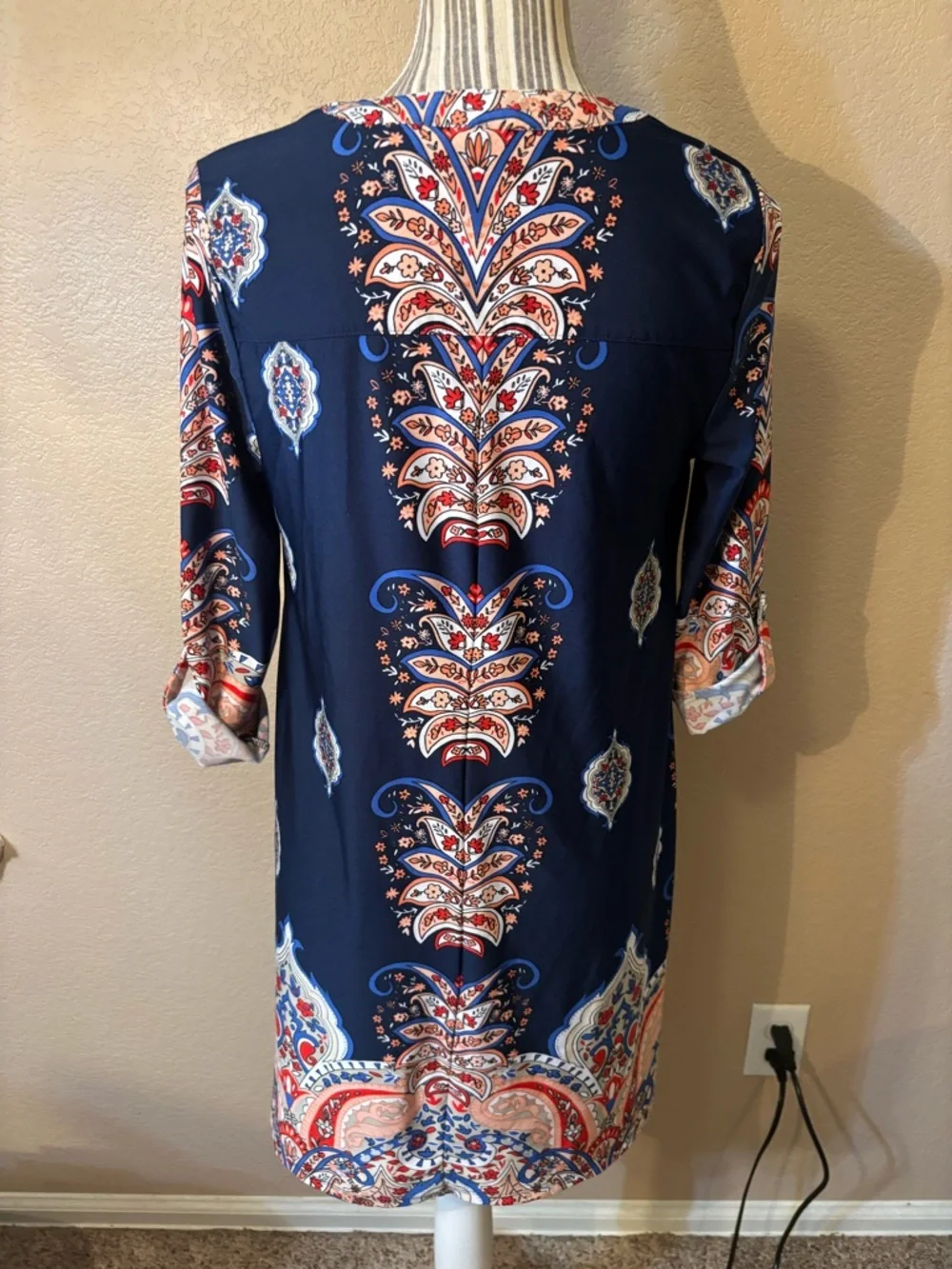 New Directions Dress Small Petite Navy Blue Paisley Floral Orange Red Mini Boho